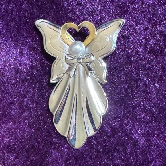Jane AOL Angel of Love Brooch Pin Signed 1994 Two Tone Metal with Faux Pearl VTG - Picture 3 of 6